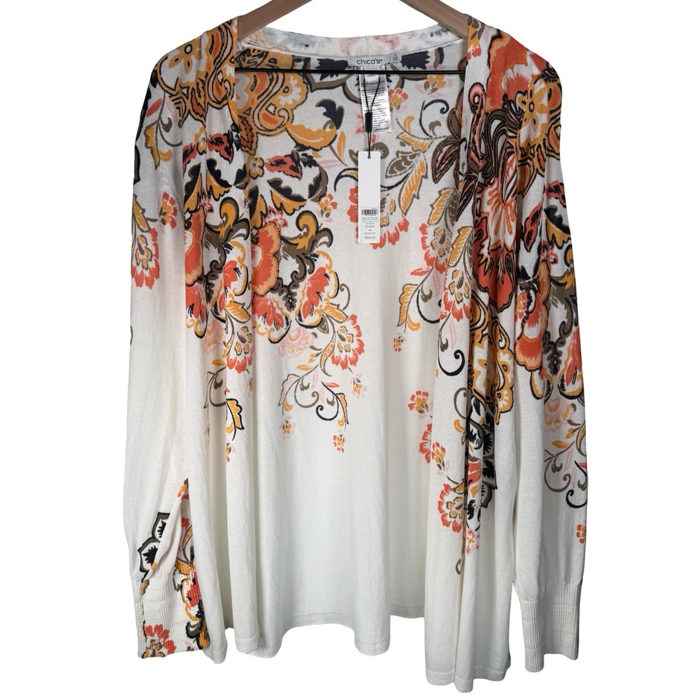 Chicos Scroll Sun Iron Cardigan Nectarine Floral Print Open‎ Front Size 4 NWT - Picture 3 of 5